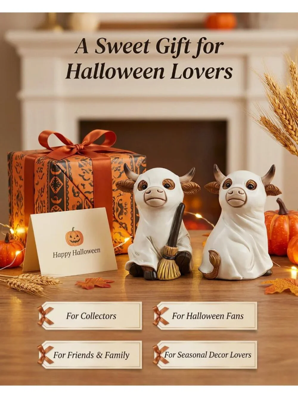 Highland Cow Ghost Set Of 2 Figurines Halloween Farmhouse Décor Decoration